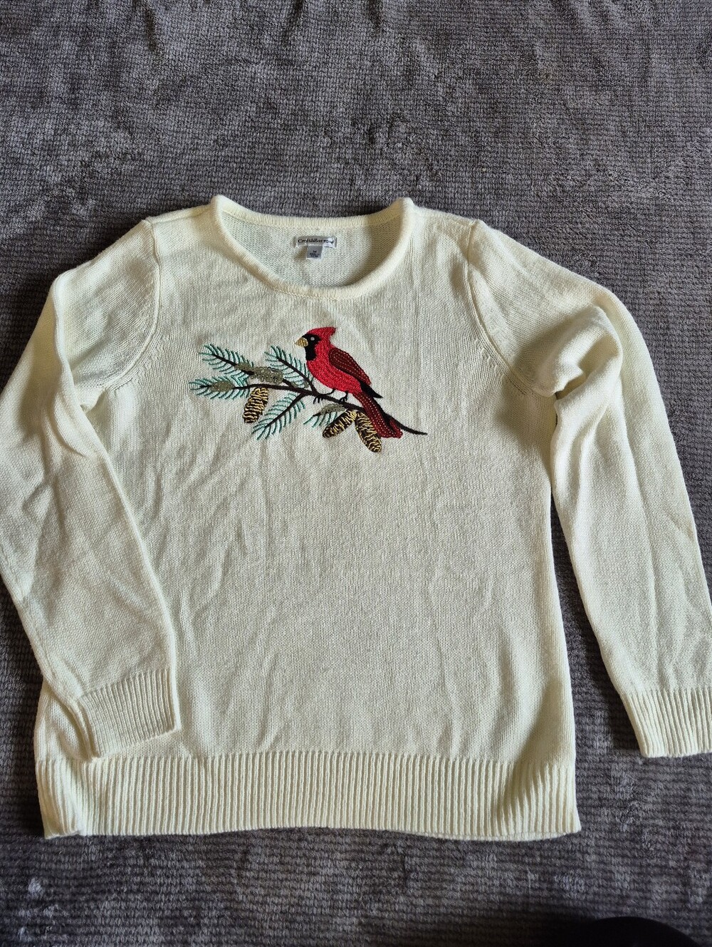 Croft & Barrow Ivory Knit Cardinal Bird Embroidered Sequin Crewneck Pullover M,